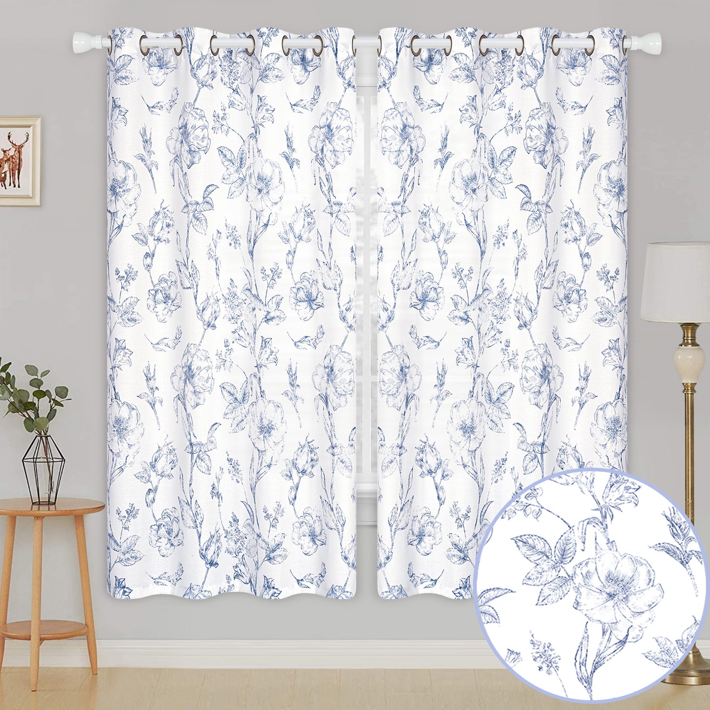 Alishomtll Blue Floral Curtains Linen Farmhouse Curtains for Living Room 63 inch Country Curtains Grommet Top Semi Sheer Curtains Light Filtering ,2 Panels