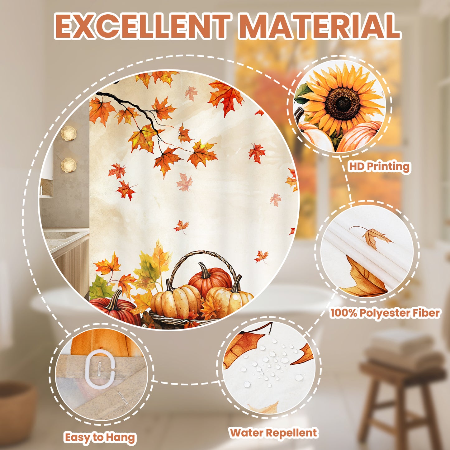 FRAMICS 16-Piece Fall Harvest Thanksgiving Shower Curtain Sets with Rugs, Maple Leaves Pumpkin Bathroom Sets, Waterproof Fabric Bathroom Curtain Decor with Hooks