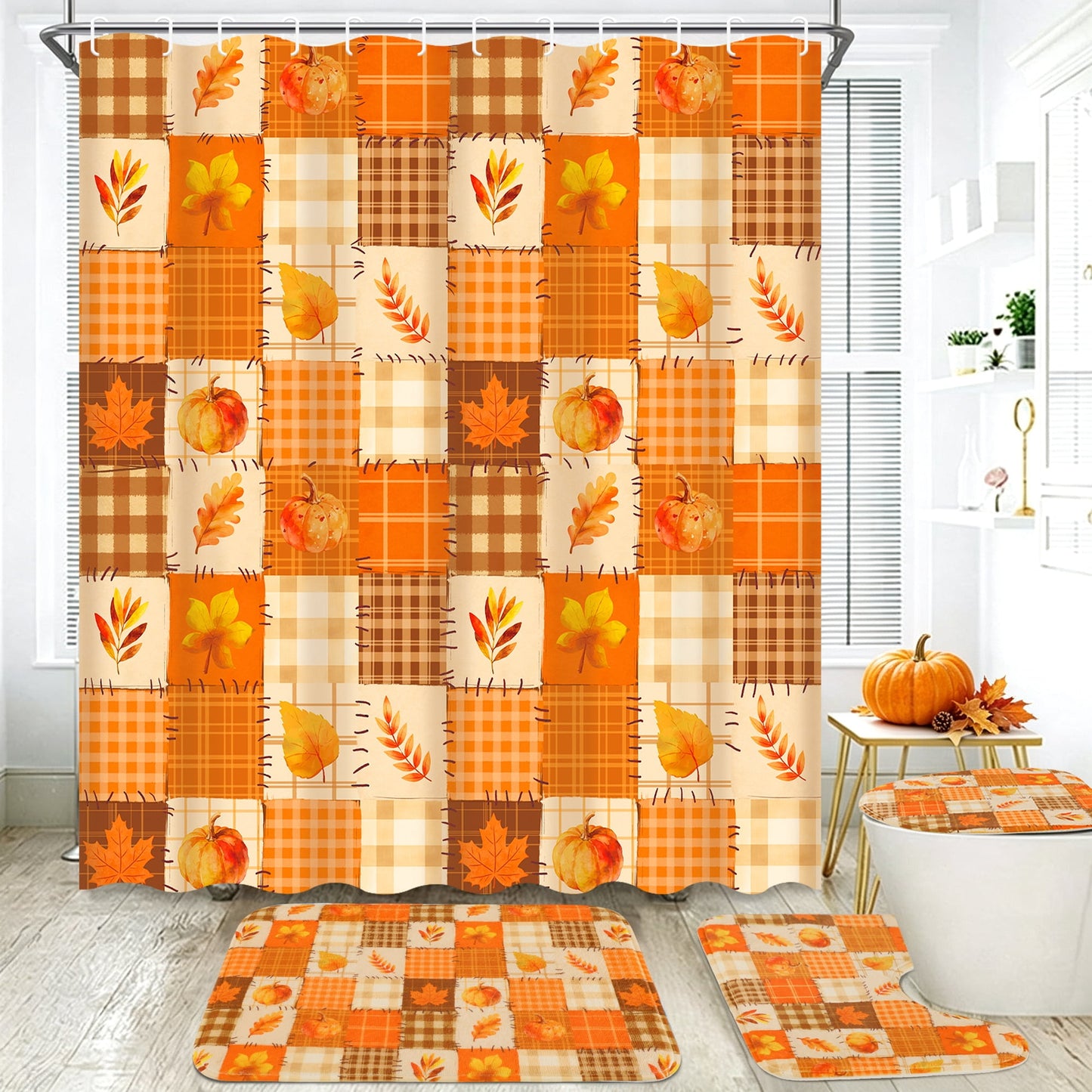 FRAMICS Fall Pumpkin Shower Curtain Sets with Non-Slip Rugs and Hooks, 16-Piece Thanksgiving Leaves Plaid Bathroom Sets, Waterproof Fabric Orange Bathroom Decor Set