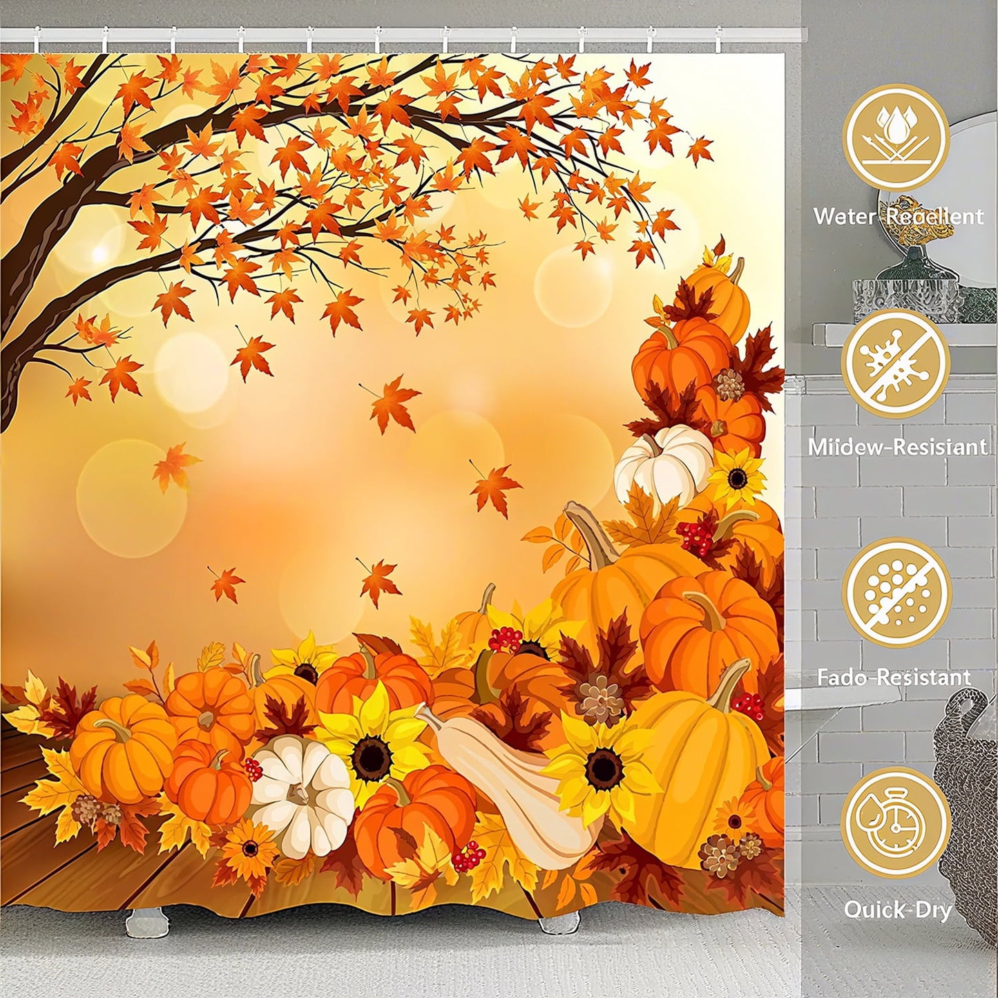FRAMICS 16-Piece Fall Shower Curtain Sets with Rugs, Maple Leaves Pumpkin Bathroom Sets, Waterproof Fabric Bathroom Curtain Decor with Hooks
