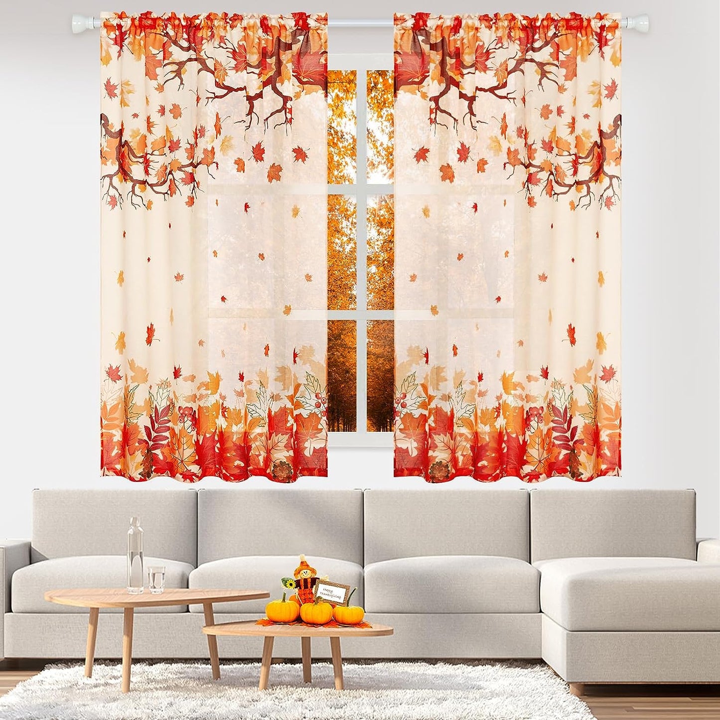 Alishomtll Thanksgiving Fall Curtains for Living Room Semi Sheer Voile Maple Leaves Window Drapes ,2 Panels,52"W × 63"L,Rod Pocket