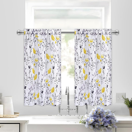 Alishomtll Kitchen Curtains Floral Print Tier Curtains Sets Light Filtering Small Window Drapes Rod Pocket ,26"Wx36"L,2 Panels,Yellow
