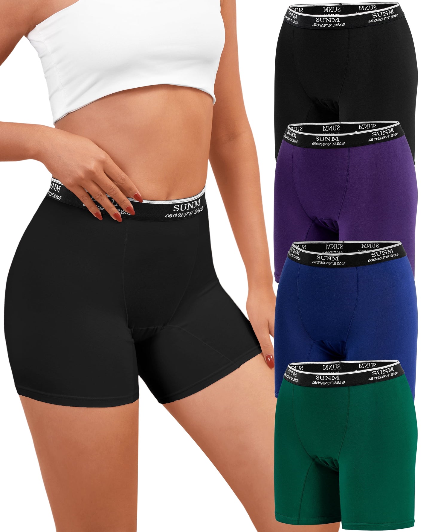Sunm Boutique Buttery Soft Stretchy High Waisted Women's Boxer Briefs 4-Pack Multi-Color Modal Boy Shorts