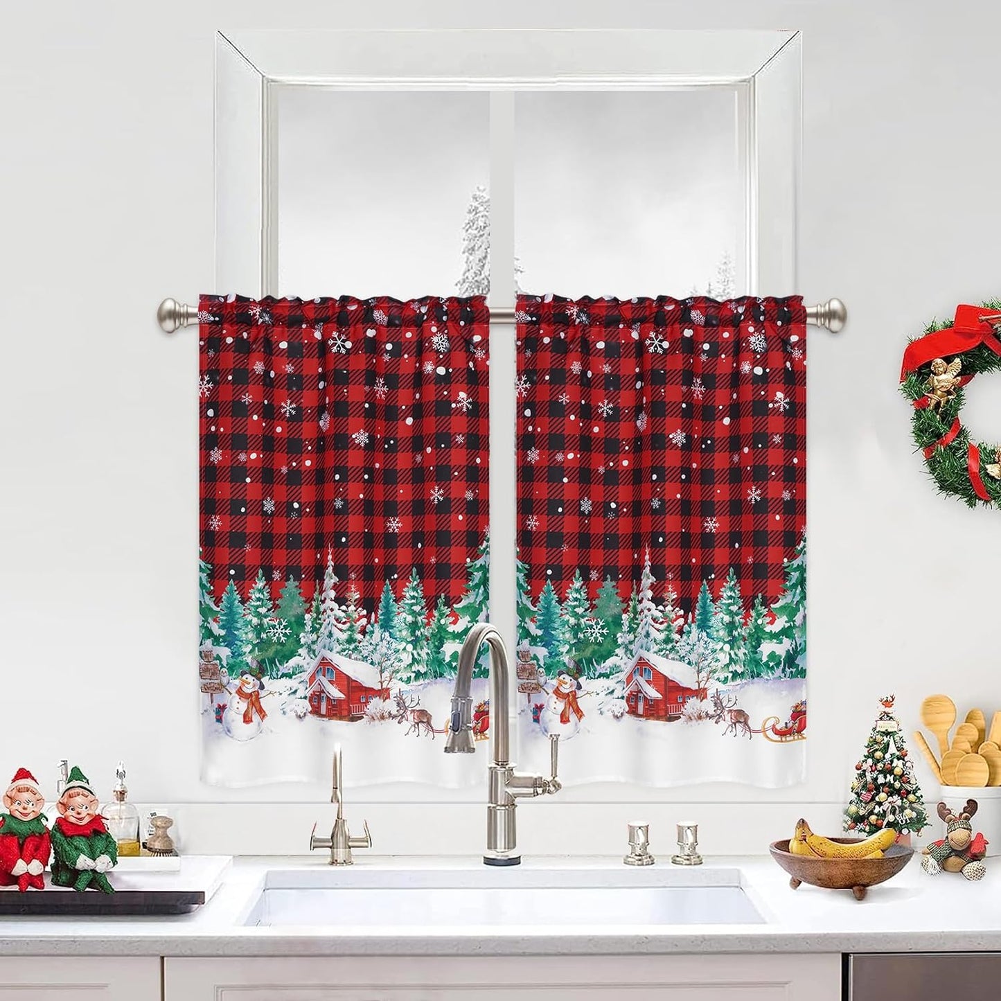 Alishomtll Snowman Christmas Kitchen Curtain Buffalo Plaid Short Curtain Tier for Window  ,Rod Pocket,36 inches long
