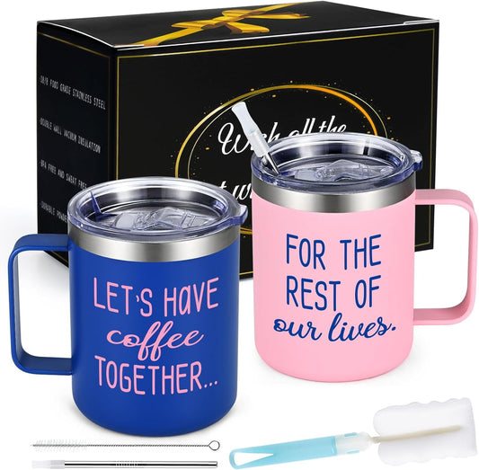 Gingprous "Lets Have Coffee Together For The Rest Of Our Lives " Stainless Steel Tumbler Set , 12 oz Vacuum Insulated Tumblers, Engagement Mr and Mrs Wedding Gift for Couple,  Blue & Pink