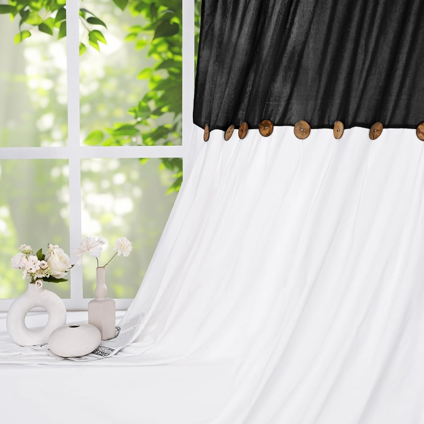Alishomtll Linen Curtains Farmhouse Boho Button Light Filtering Window Drapes For Living Room Bedroom,Rod Pocket,63"L x 52"W, 2 Panel,Black White