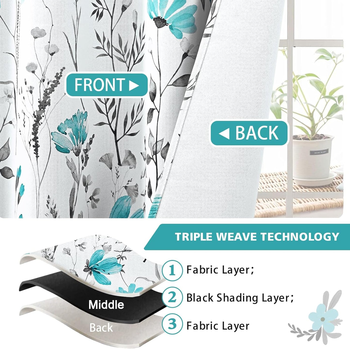 Alishomtll Teal Floral Blackout Curtains for Living Room Bedroom Energy Efficient Thermal Insulated Grommet Window Drapes, 52"x 63",Set of 2