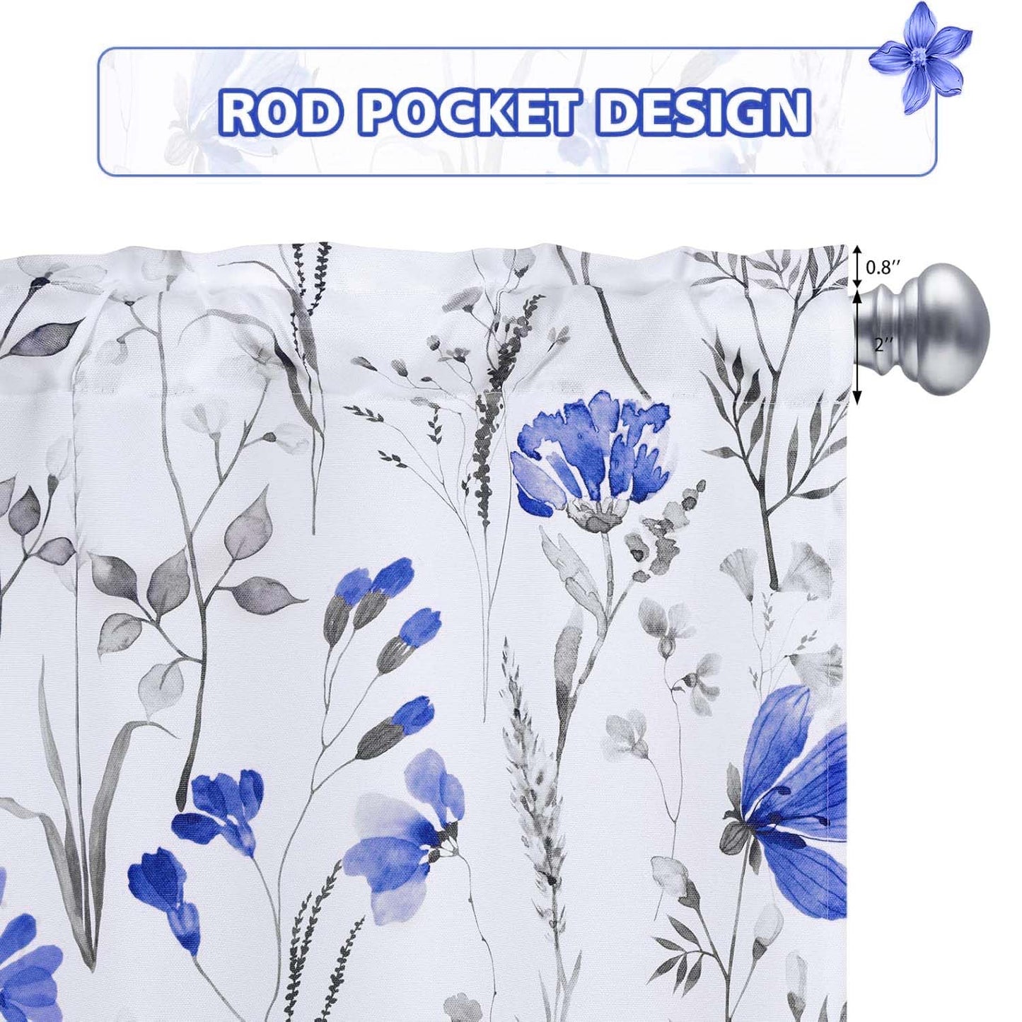 Alishomtll Valance Curtains Blue Flower Floral Print Valances for Windows Rod Pocket,52W" x 18L"
