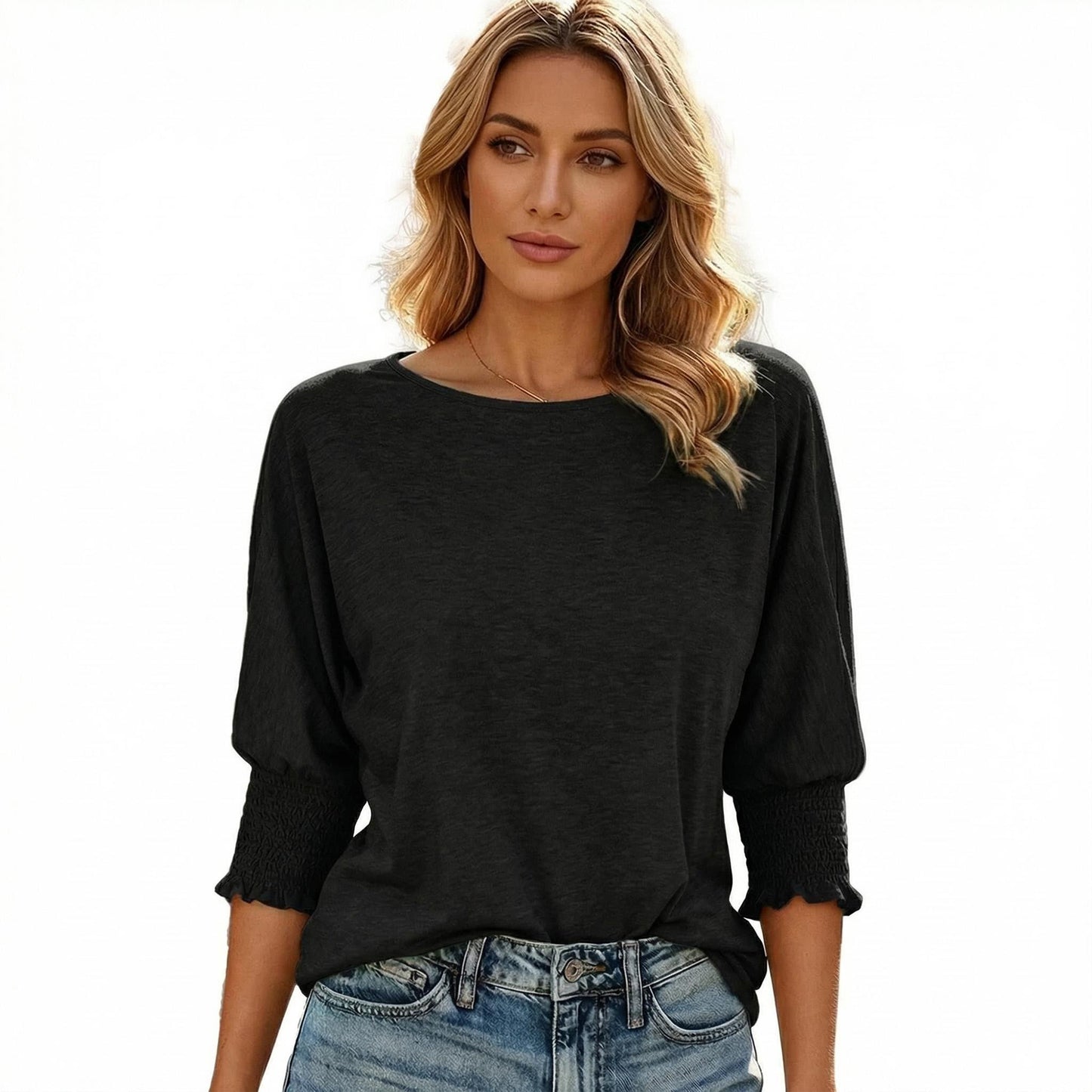 Gingprous 3/4 Sleeve Blouse for Women Smocked Cuffs Tee Tops Loose Casual Tee Shirt