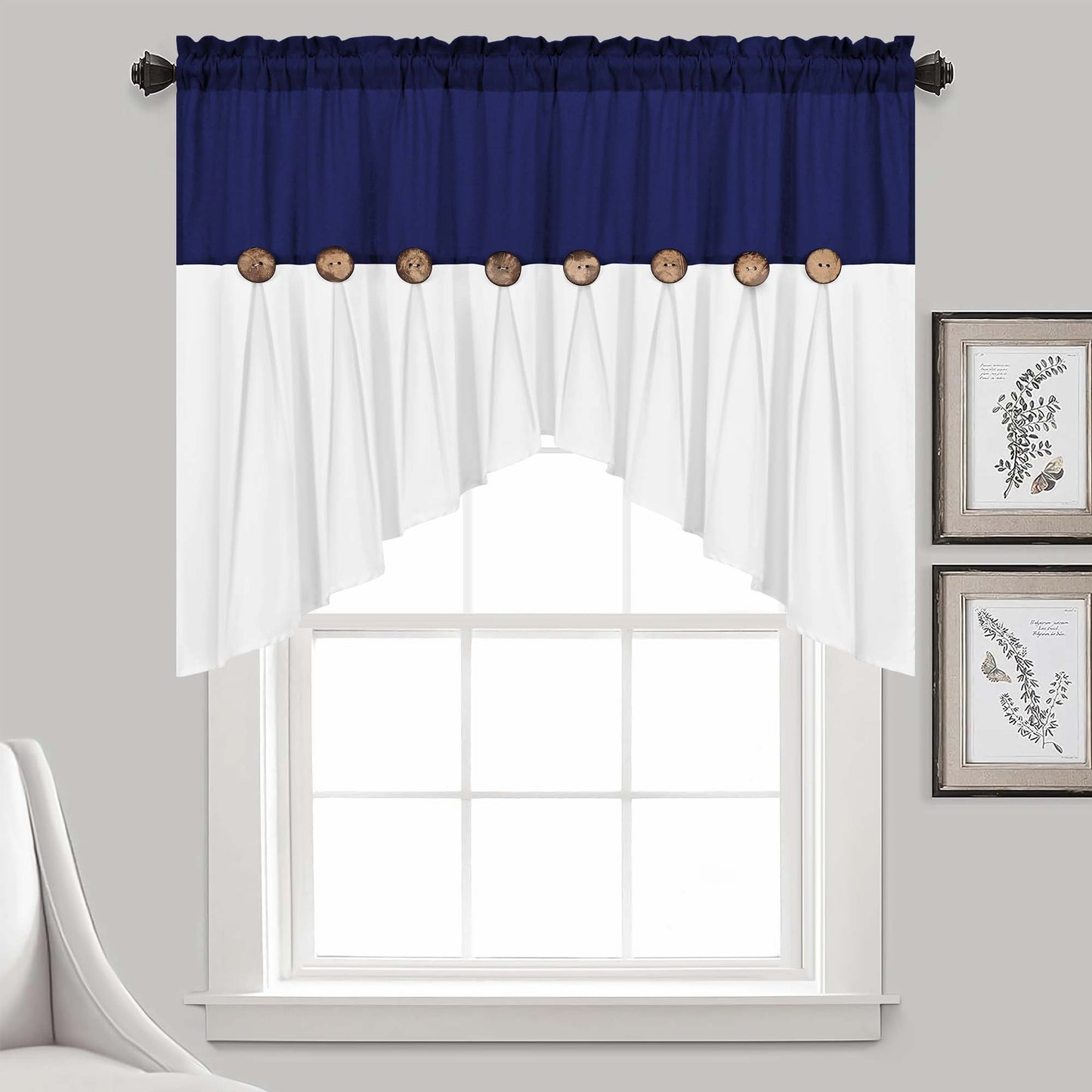 Alishomtll Linen Valance Farmhouse Boho Button Kitchen Curtains ,Rod Pocket,36"L x 52"W, Blue White