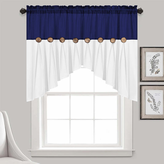 Alishomtll Linen Valance Farmhouse Boho Button Kitchen Curtains ,Rod Pocket,36"L x 52"W, Blue White