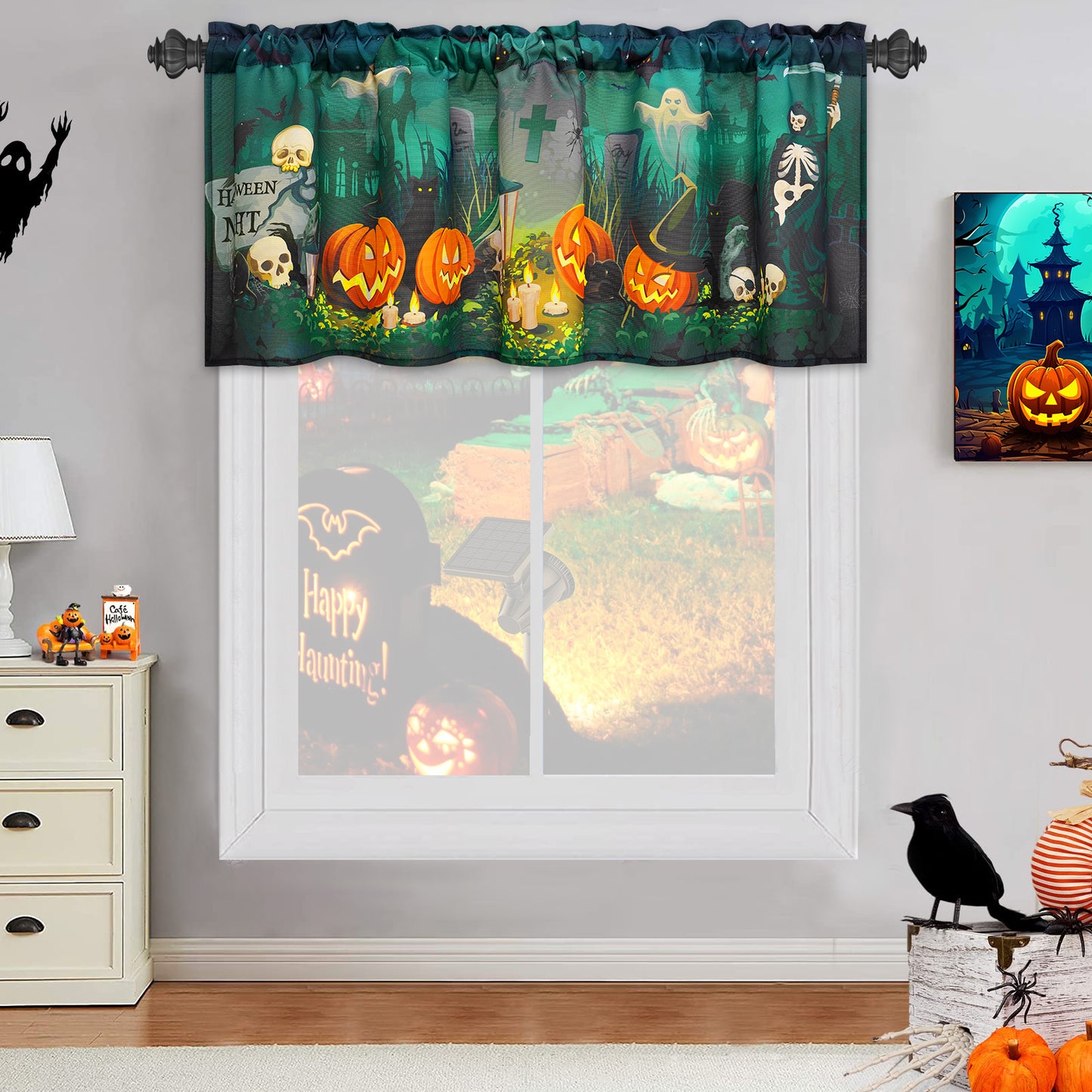 Alishomtll Halloween Valances Curtains Kitchen Tombstones and Trees Ghost Pumpkin Windows Drapes ,52 X 18 Inch,Rod Pocket