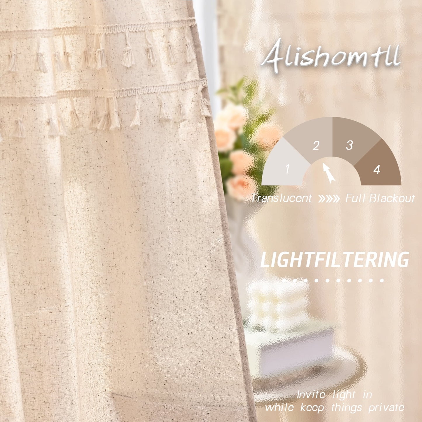 Alishomtll Boho Curtains for Living Room Semi Blackout Curtains with 8 Tassel Window Drapes Back Tab ,Natural，52"Wx63"L，2 Panels