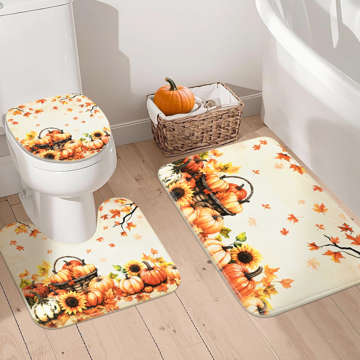 FRAMICS 16-Piece Fall Harvest Thanksgiving Shower Curtain Sets with Rugs, Maple Leaves Pumpkin Bathroom Sets, Waterproof Fabric Bathroom Curtain Decor with Hooks