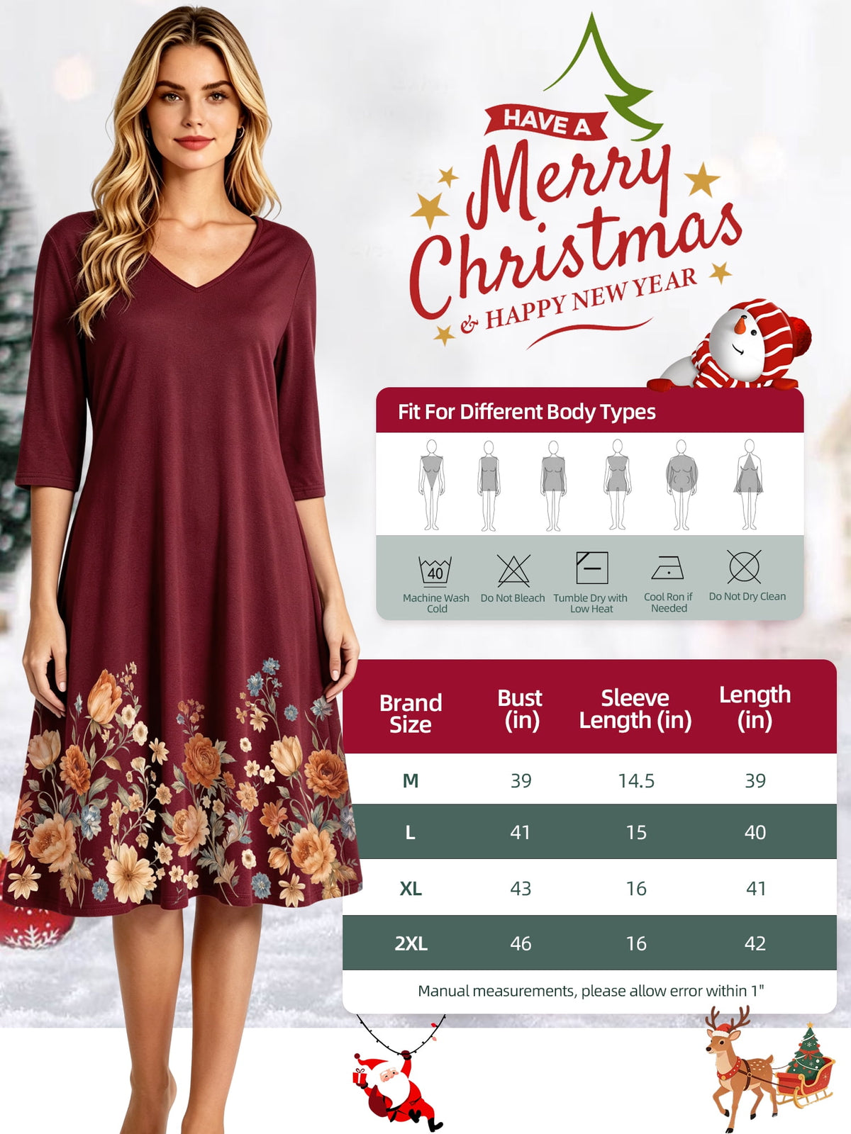 MecTo Christmas Sleepwear Cotton Vintage Floral Print with Pocket, Nightgown (Women's)