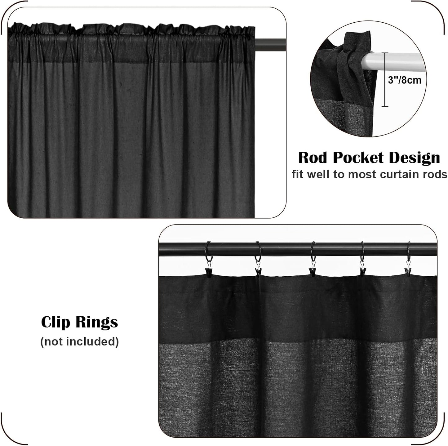 Alishomtll Linen Curtains Farmhouse Boho Button Light Filtering Window Drapes For Living Room Bedroom,Rod Pocket,63"L x 52"W, 2 Panel,Black White