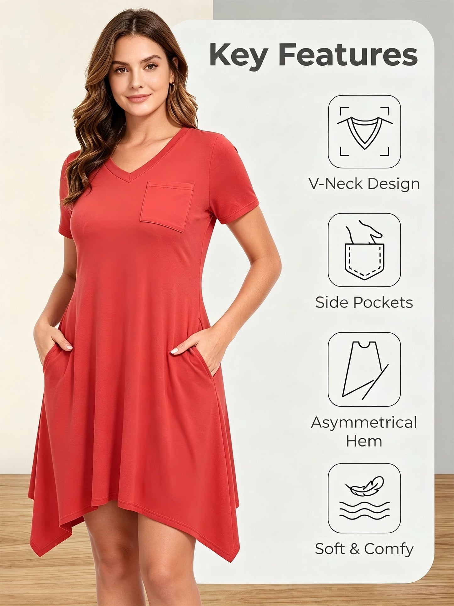 MecTo Women's Nightgown with Pockets, Soft V-Neck Short Sleeve Sleep Dress, Irregular Hem Stretchy Lounge Sleepwear Casual Nightshirt Beach Cover Up for Women