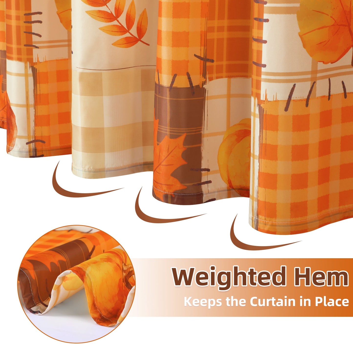 FRAMICS Fall Pumpkin Shower Curtain Sets with Non-Slip Rugs and Hooks, 16-Piece Thanksgiving Leaves Plaid Bathroom Sets, Waterproof Fabric Orange Bathroom Decor Set