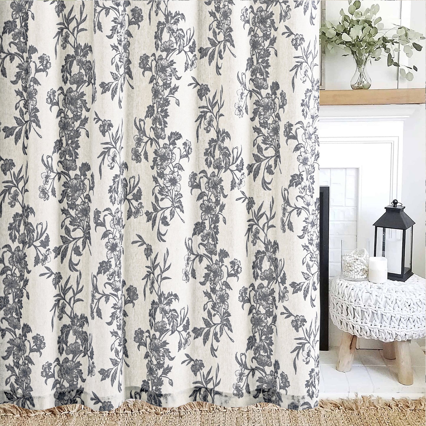 Alishomtll Floral Curtains for Living Room Farmhouse Country Linen Curtains Light Filtering Window Drapes,Black ,52"x63", 2 Panels