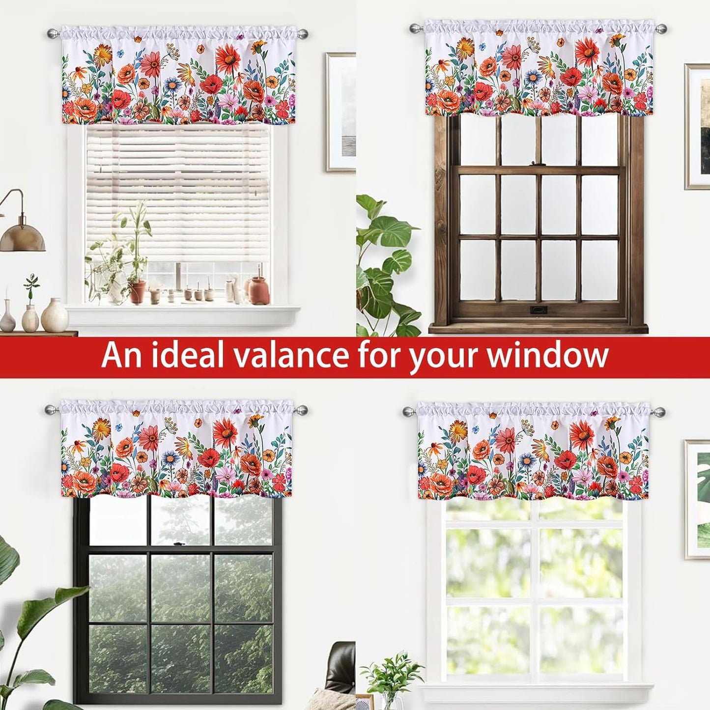 Alishomtll Valance Curtains Blossom Floral Print Window Curtain Valance Rod Pocket, 52W" x 18L",White