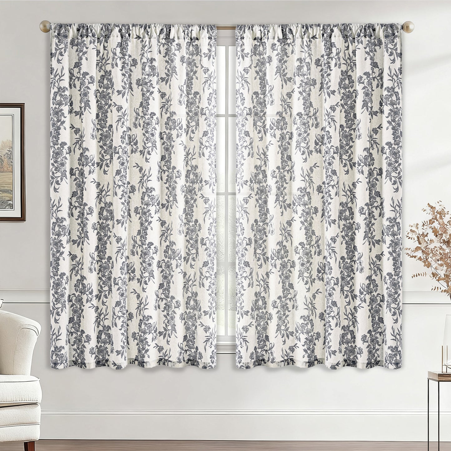 Alishomtll Floral Curtains for Living Room Farmhouse Country Linen Curtains Light Filtering Window Drapes,Black ,52"x63", 2 Panels