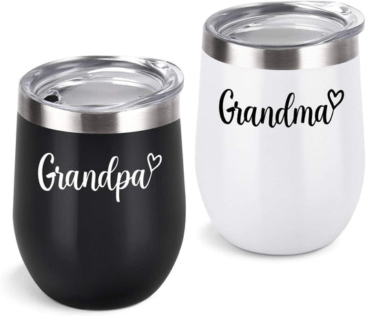 Gingprous 12 oz Grandpa and Grandma Wine Tumbler Set, Insulated Stainless Steel Tumbler with Lid , Black&White