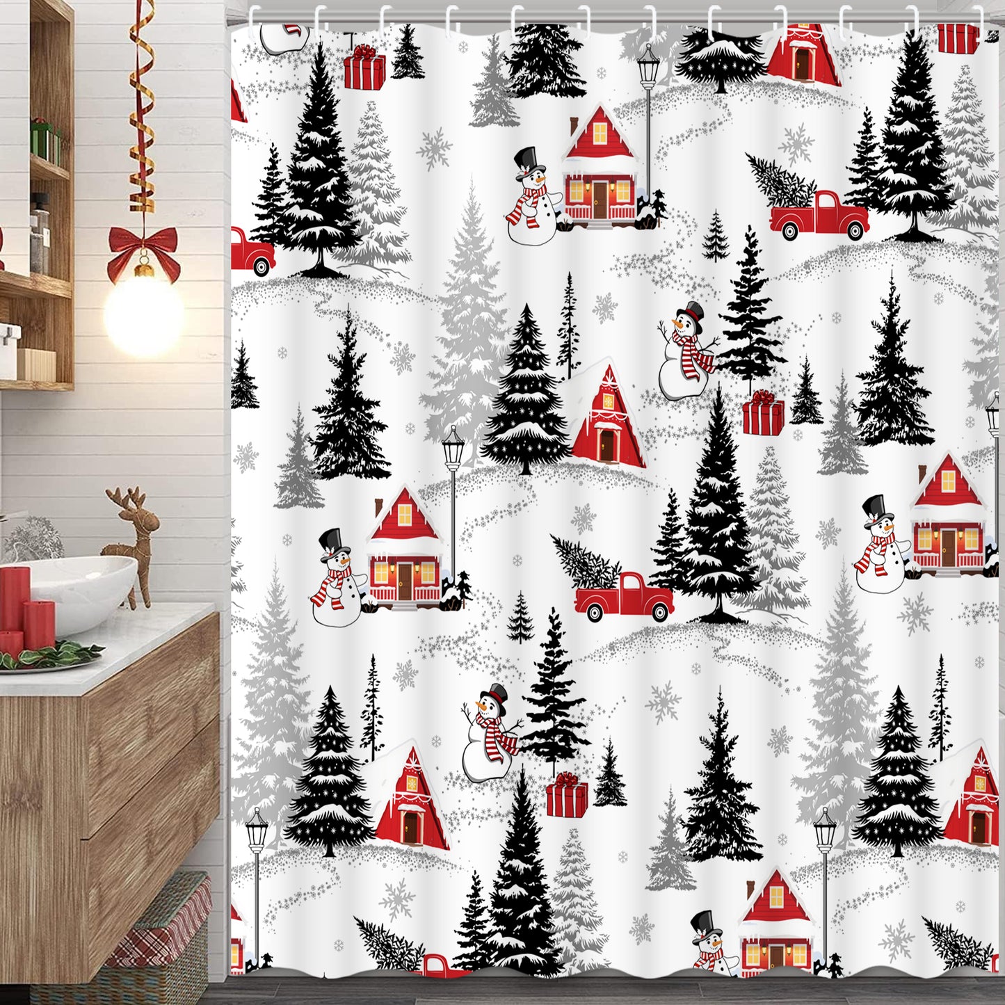 FRAMICS Christmas Snowman Shower Curtain Sets with Rugs, 16 Pcs Pine Tree Truck Bathroom Sets, Waterproof Fabric Bathroom Curtain for Home Holiday Decor with Hooks