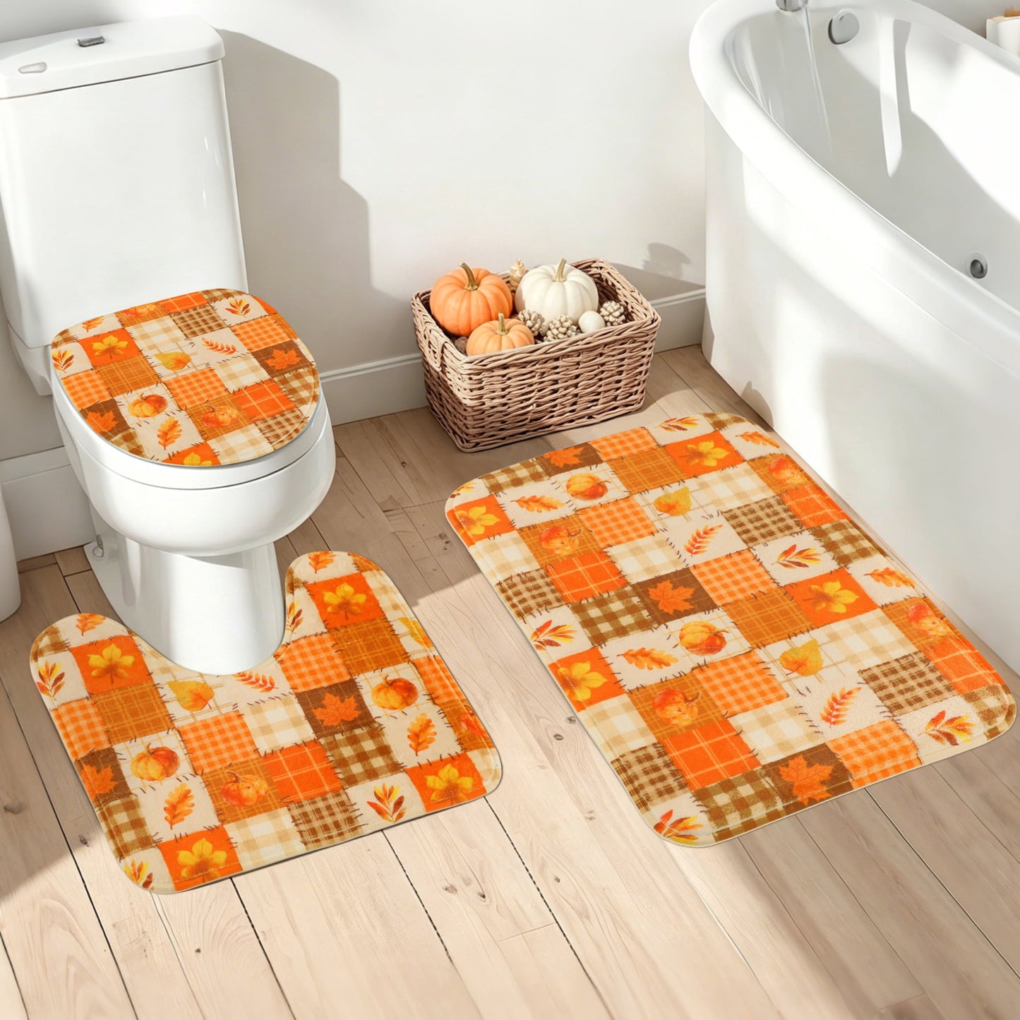 FRAMICS Fall Pumpkin Shower Curtain Sets with Non-Slip Rugs and Hooks, 16-Piece Thanksgiving Leaves Plaid Bathroom Sets, Waterproof Fabric Orange Bathroom Decor Set