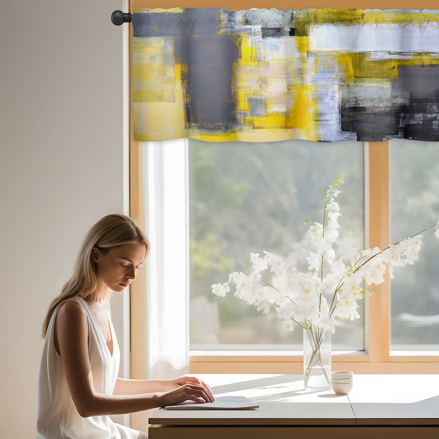 Alishomtll Curtain Valances for Kitchen Living Room Bedroom Grey Yellow Rod Pocket Valance ,54 x 18 inch