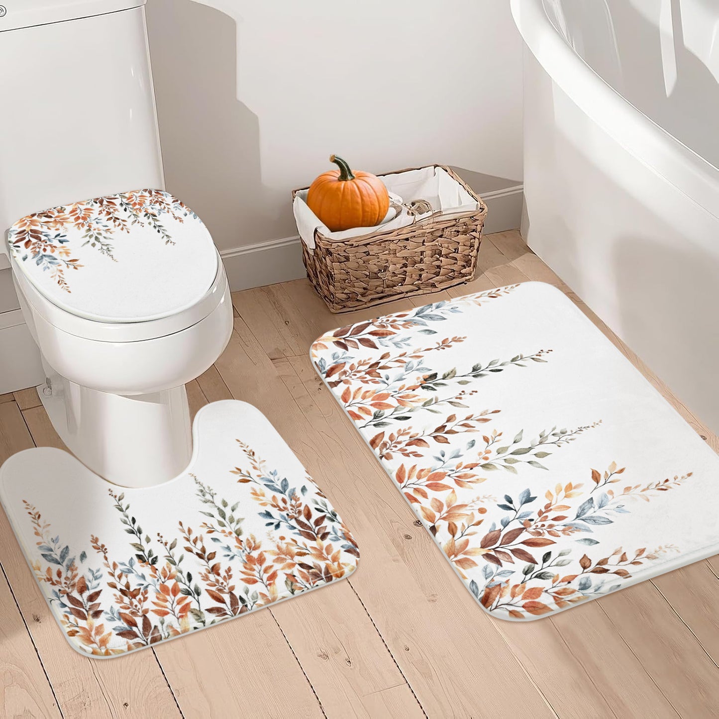 FRAMICS 16-Piece Fall Eucalyptus Shower Curtain Sets with Rugs, Watercolor Plant Leaves Bathroom Sets, Waterproof Fabric Bathroom Curtain Decor with Hooks