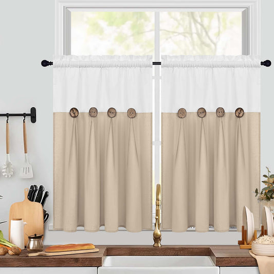 Alishomtll Linen Kitchen Curtains 36 inch Farmhouse Boho Button Light Filtering Window Drapes,Rod Pocket,36"L x 26"W, 2 Panel,Linen White