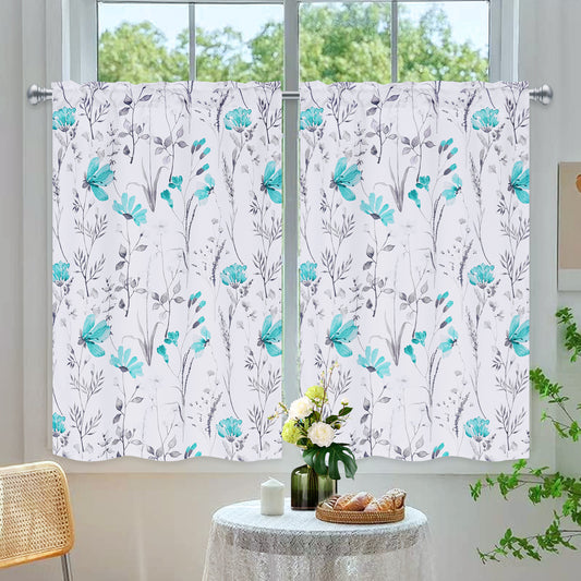 Alishomtll Kitchen Curtains Teal Floral Light Filtering Small Window Kitchen Curtains Sets ,26"Wx36"L,2 Panels,Rod Pocket