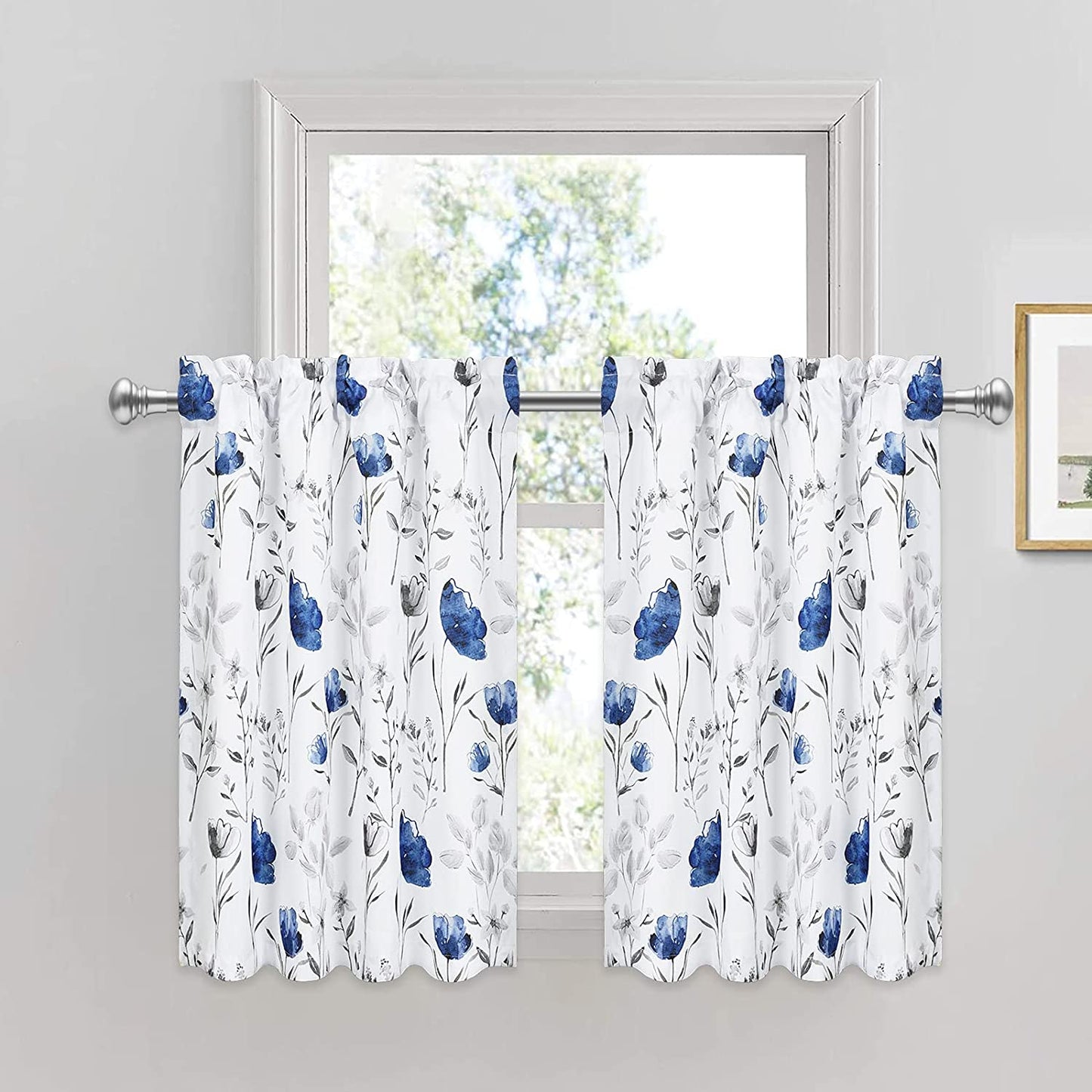 Alishomtll Kitchen Curtains Blue Floral Watercolor Print Tier Curtains Light Filtering Rod Pocket Small Window Curtain Sets,26"Wx24"L,2 Panels
