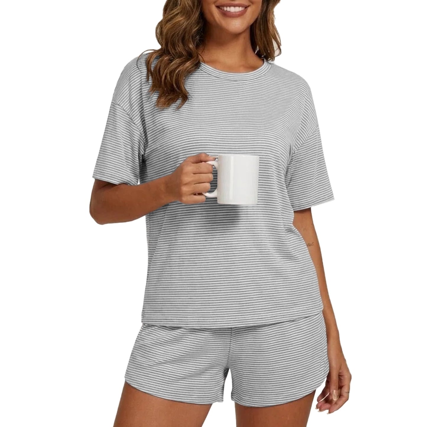 MecTo Women's Classic Striped Pajama Set - Short Sleeve Round-Neck Sleepwear with Side-Slit Shorts