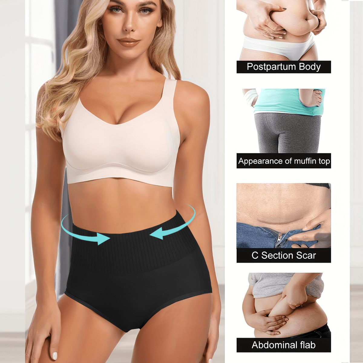MecTo Womens Cotton Underwear High Waisted Tummy Control Breathable Panties Plus Size Ladies Panties 4 Pack, Black
