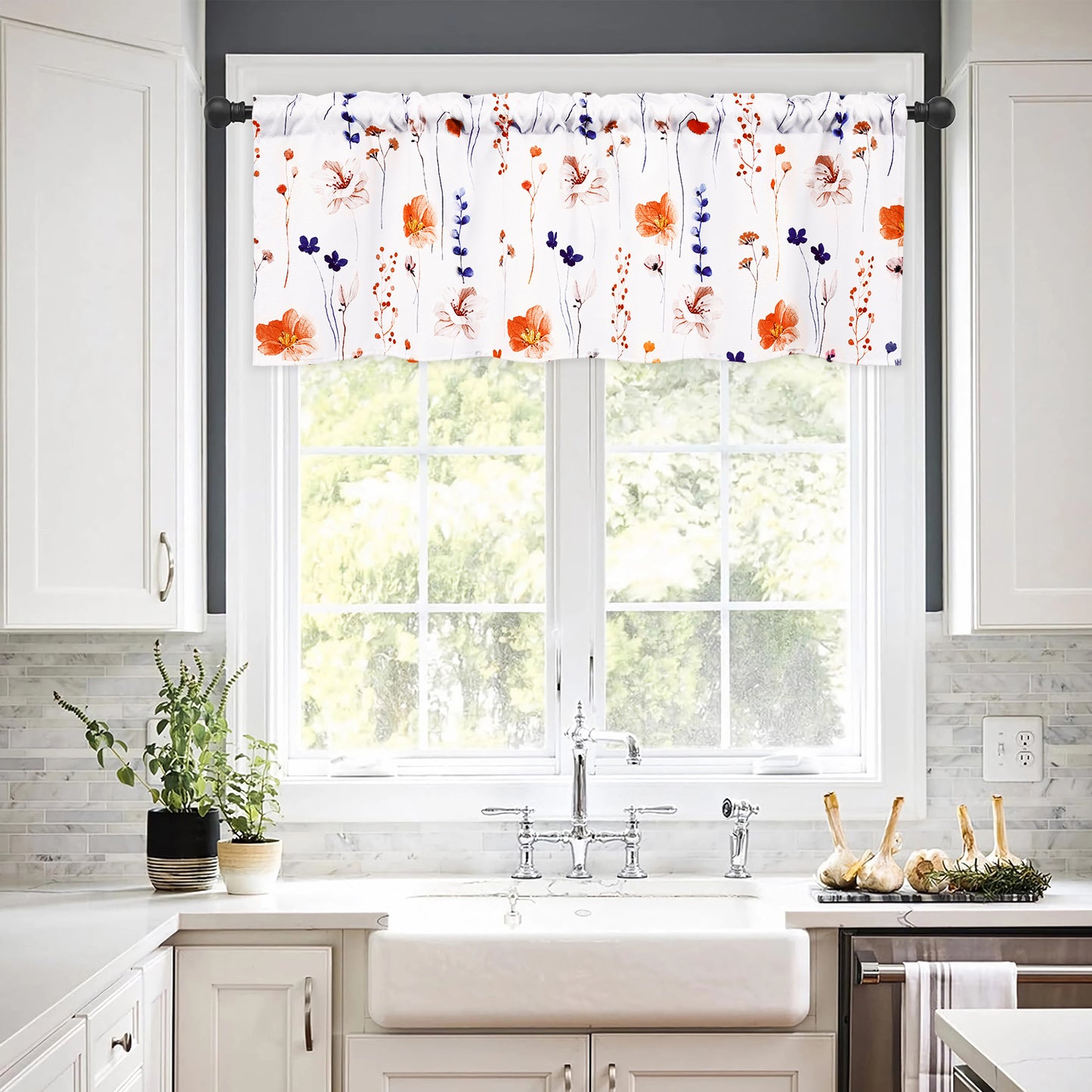 Alishomtll Floral Valance Curtains Kitchen Orange Wildflower Flower Leaf Windows Drapes,52 x 18 inch,Rod Pocket