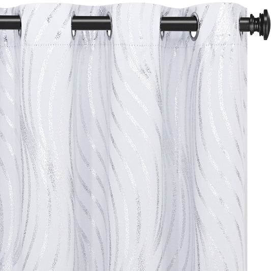 Alishomtll White Blackout Curtains for Living Room ,Modern Metallic Silver Wave Pattern Bedroom Thermal Insulated Drapes ,2 Panel Set,52"x84"
