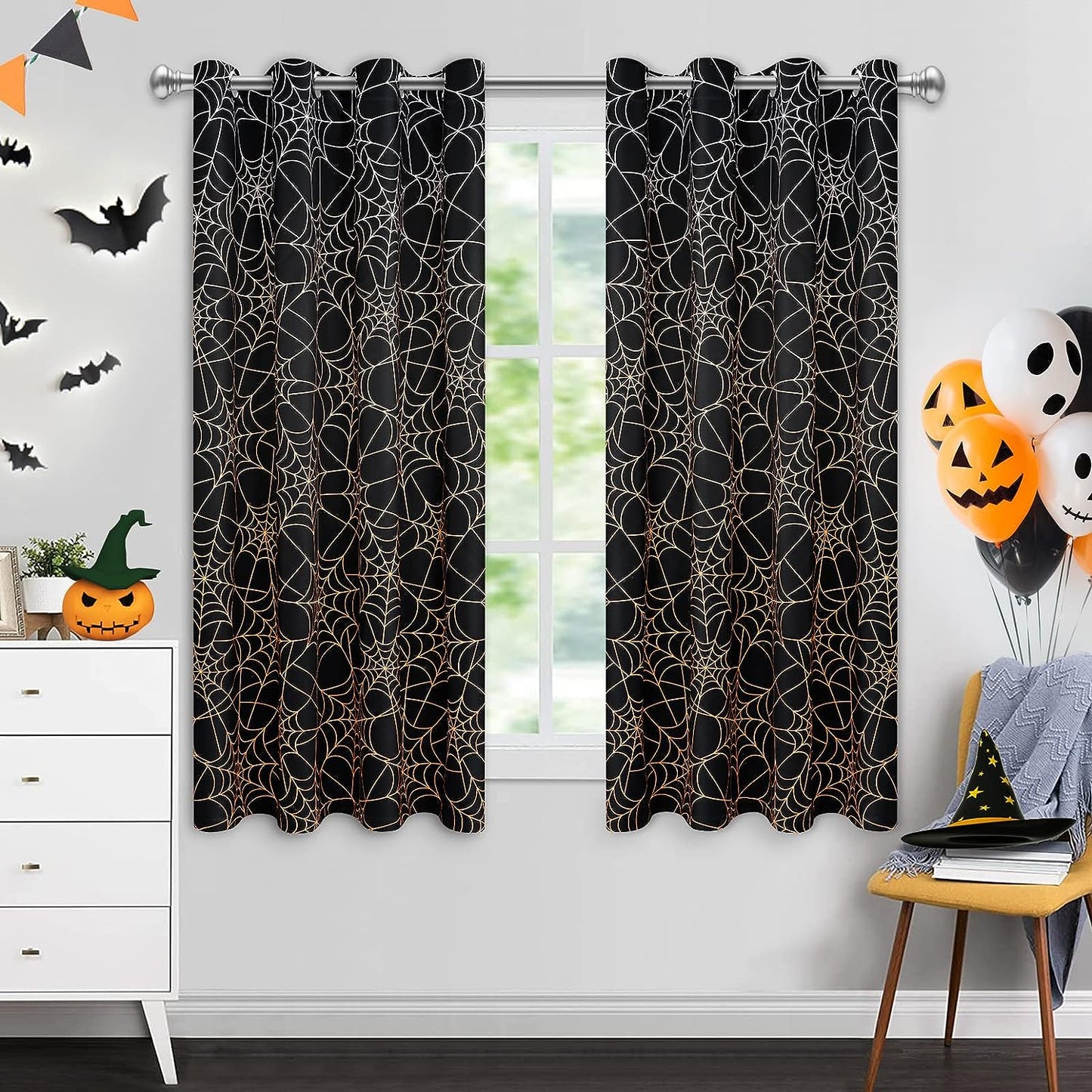 Alishomtll Halloween Curtains Spider Web Printed Window Drapes for Living Room Bedroom,52x63in,Set of 2,Black