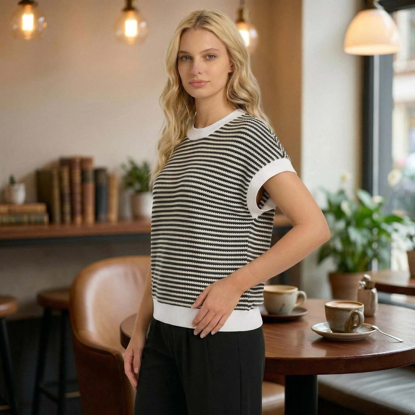 Gingprous Women's Striped Short Sleeve Sweater, Cap Sleeve Crew Neck Knit Top Pullover for Spring Summer