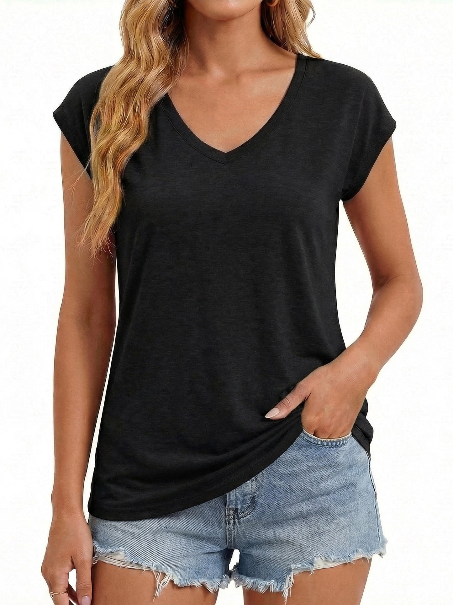 Gingprous Womens V-Neck Cap Sleeve T-Shirt Casual Loose Fit Basic Tee Summer Top