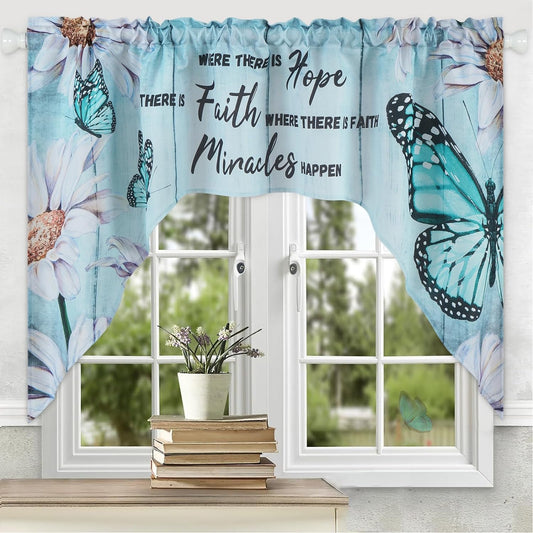 Alishomtll Kitchen Curtains Valances Swags for Windows Butterfly Floral Printed Window Drapes,61" W x 36" L,Rod Pocket,Teal