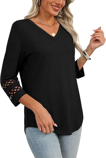 Gingprous 3/4 Sleeve Womens Hallow Out Sleeve Tops V Neck Tunic Blouse Curved Hem Casual Shirt