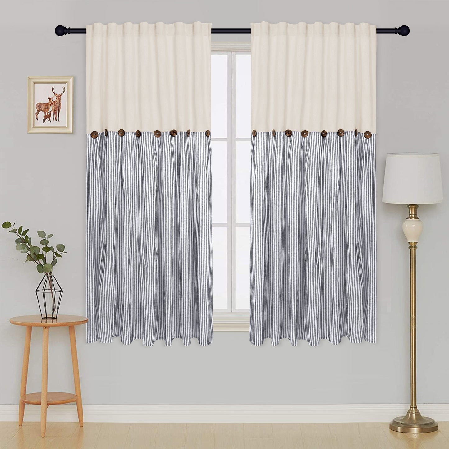 Alishomtll Farmhouse Curtains Natural Stripe Cotton Linen Button Boho Rustic Rod Pocket Back Tab Window Drapes for Living Room , 2 Panels