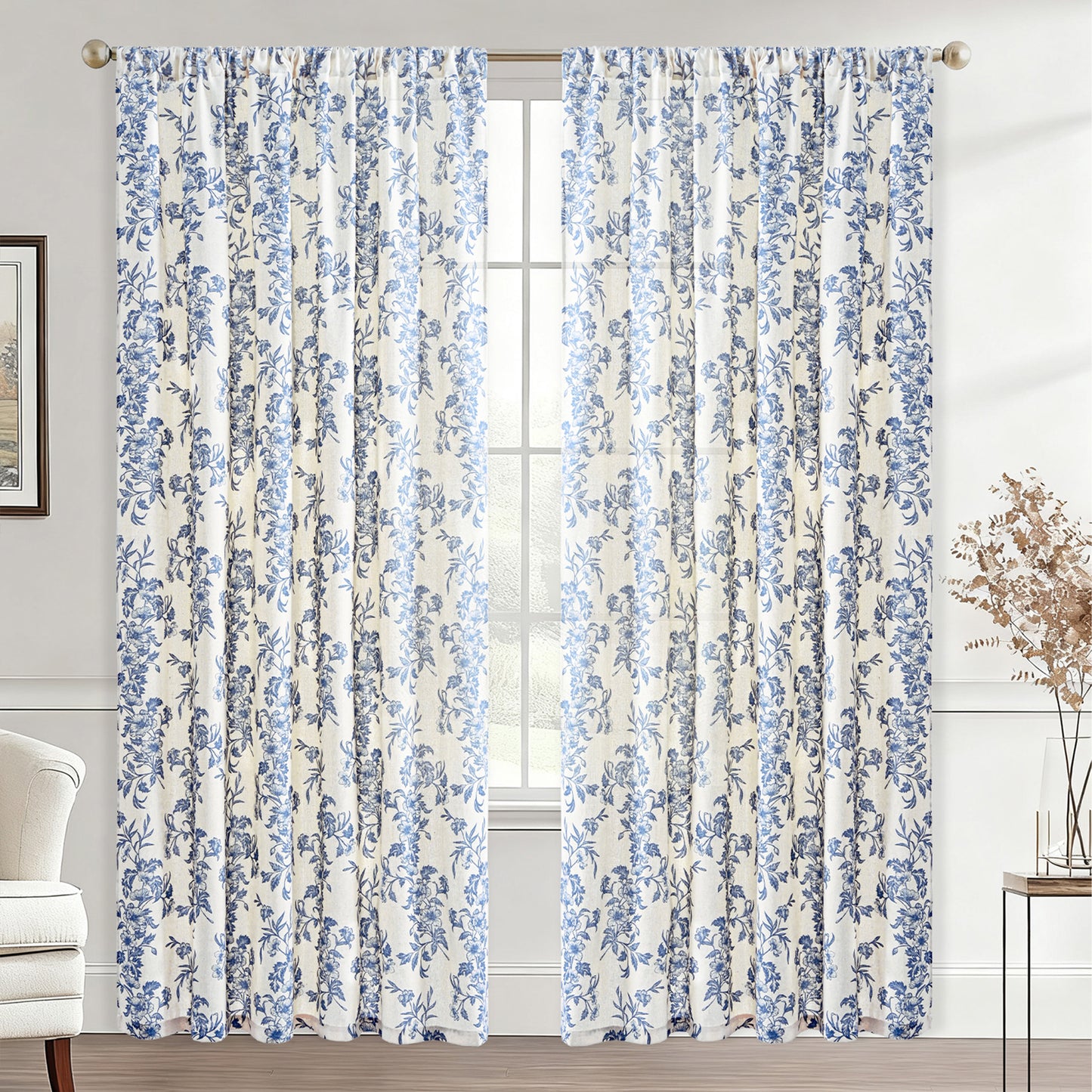 Alishomtll Floral Curtains for Living Room Farmhouse Country Linen Curtains Light Filtering Window Drapes,Blue ,52"x84", 2 Panels