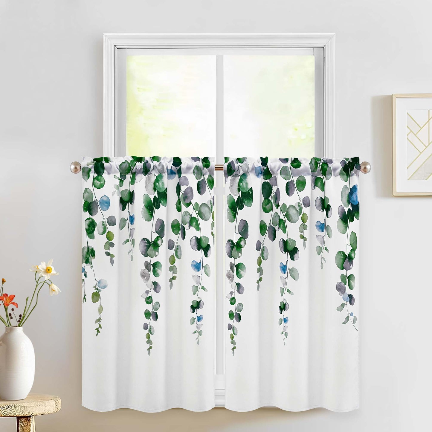 Alishomtll Kitchen Curtains Grey Green Watercolor Leaves Print Tier Windows Drapes Sets 36 Inch ,Rod Pocket