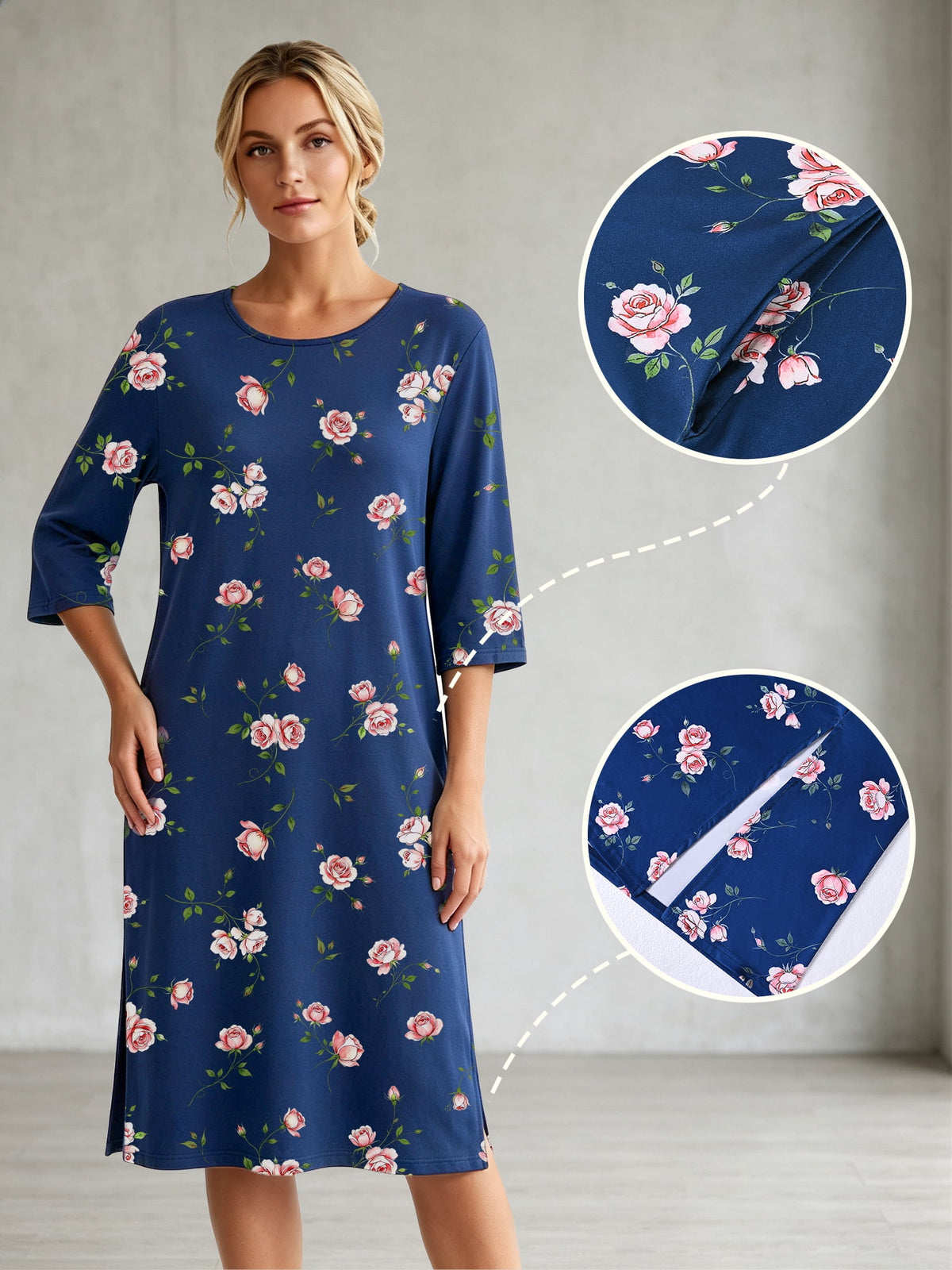 MecTo Sleepwear Cotton 3/4 Sleeve with Pocket, Nightgown (Women's)