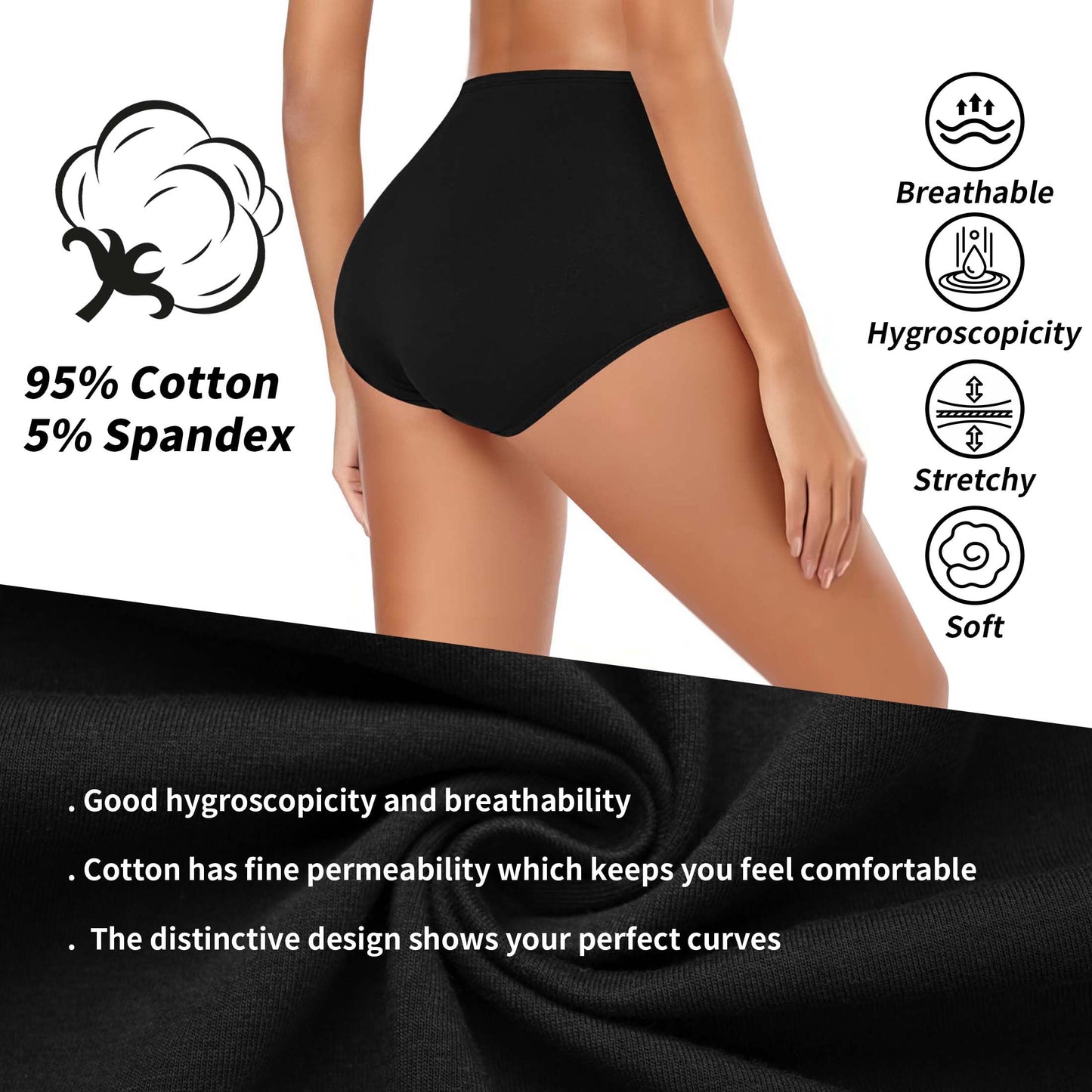 MecTo Underwear for Women Plus Size High Waisted Cotton Panties High Cut Full Coverage Cotton Briefs Breathable, Black 5-Pack