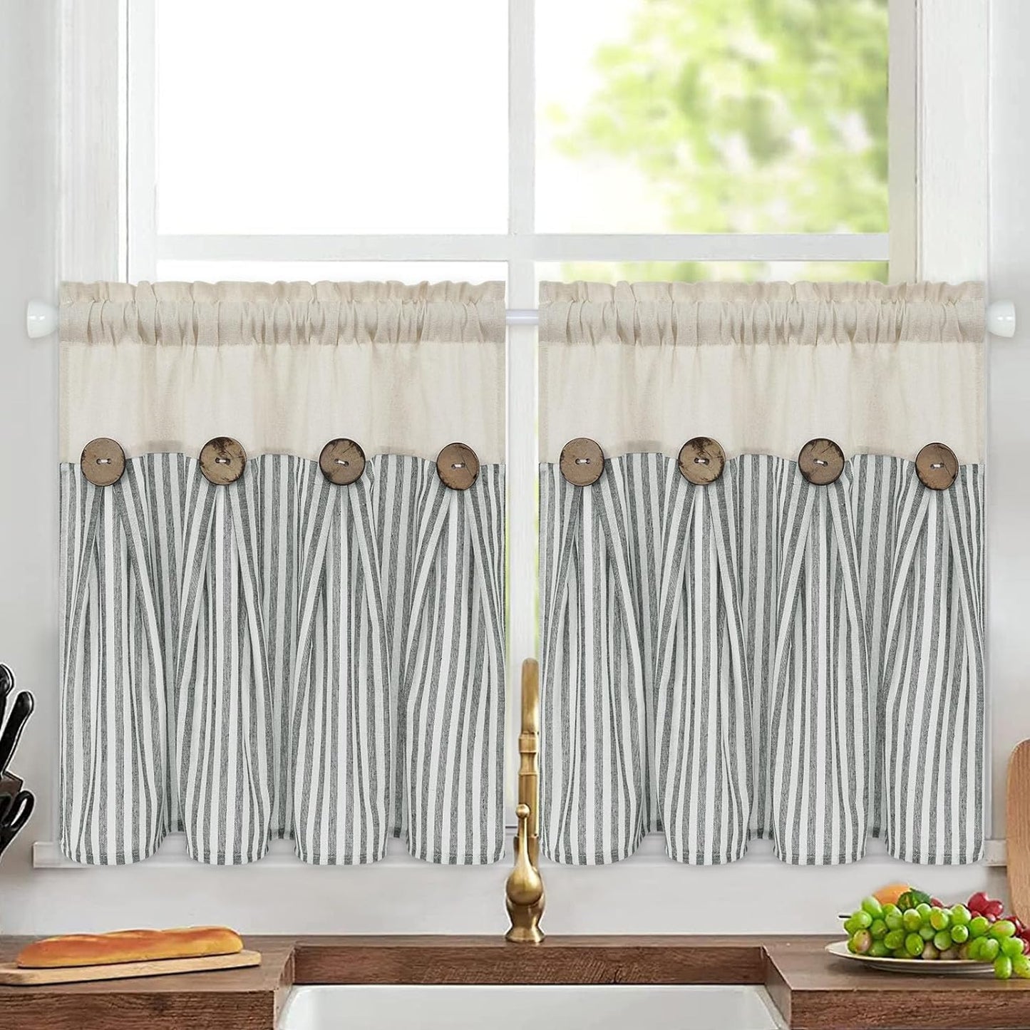 Alishomtll Stripe Kitchen Curtains 8 Button Linen Cotton Window Curtains Sets 24 Inches Long ,Rod Pocket
