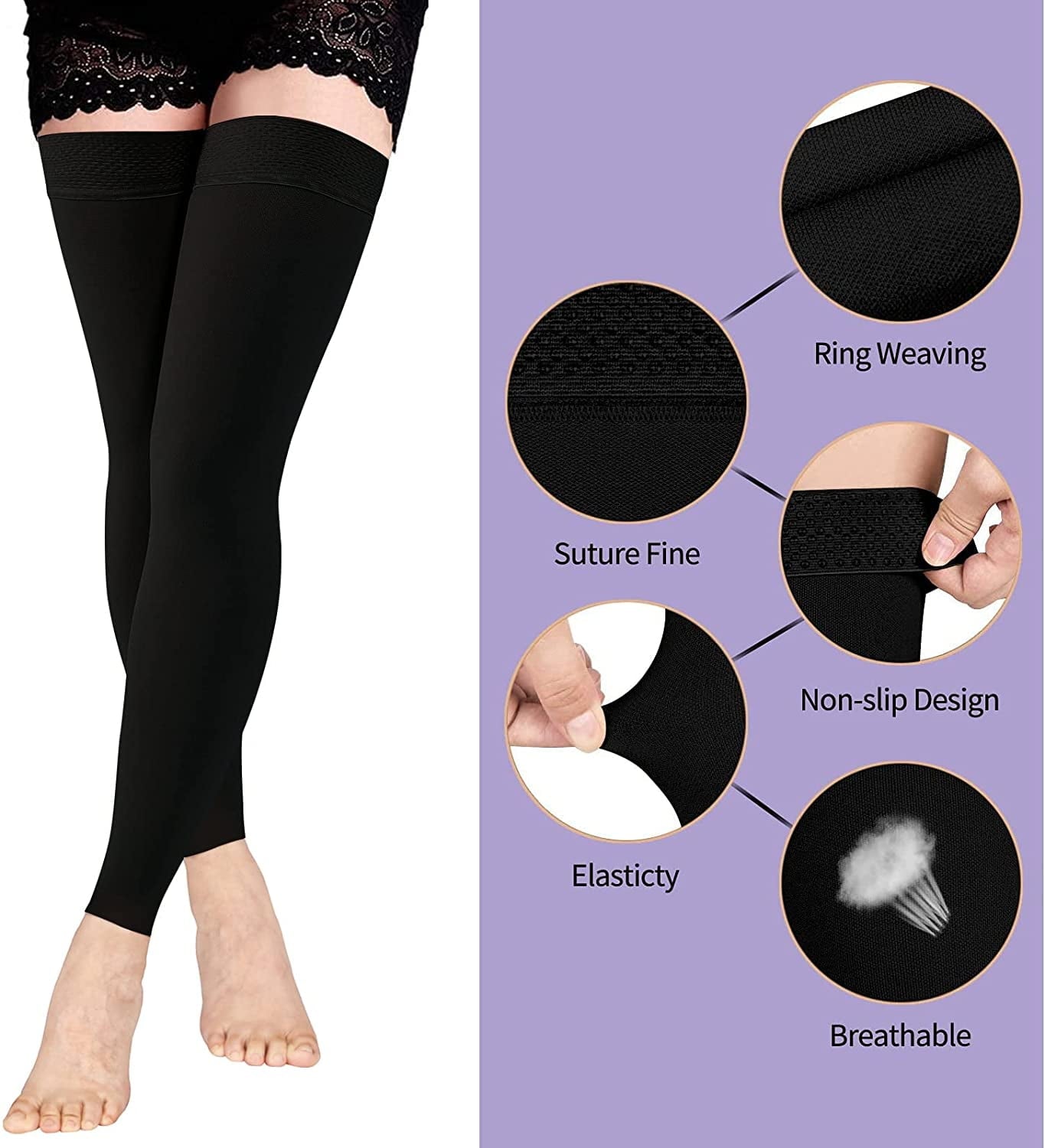 Wukang 20-30mmHg Black Thigh High Compression Stockings Footless Compression Socks for Women & Men锛