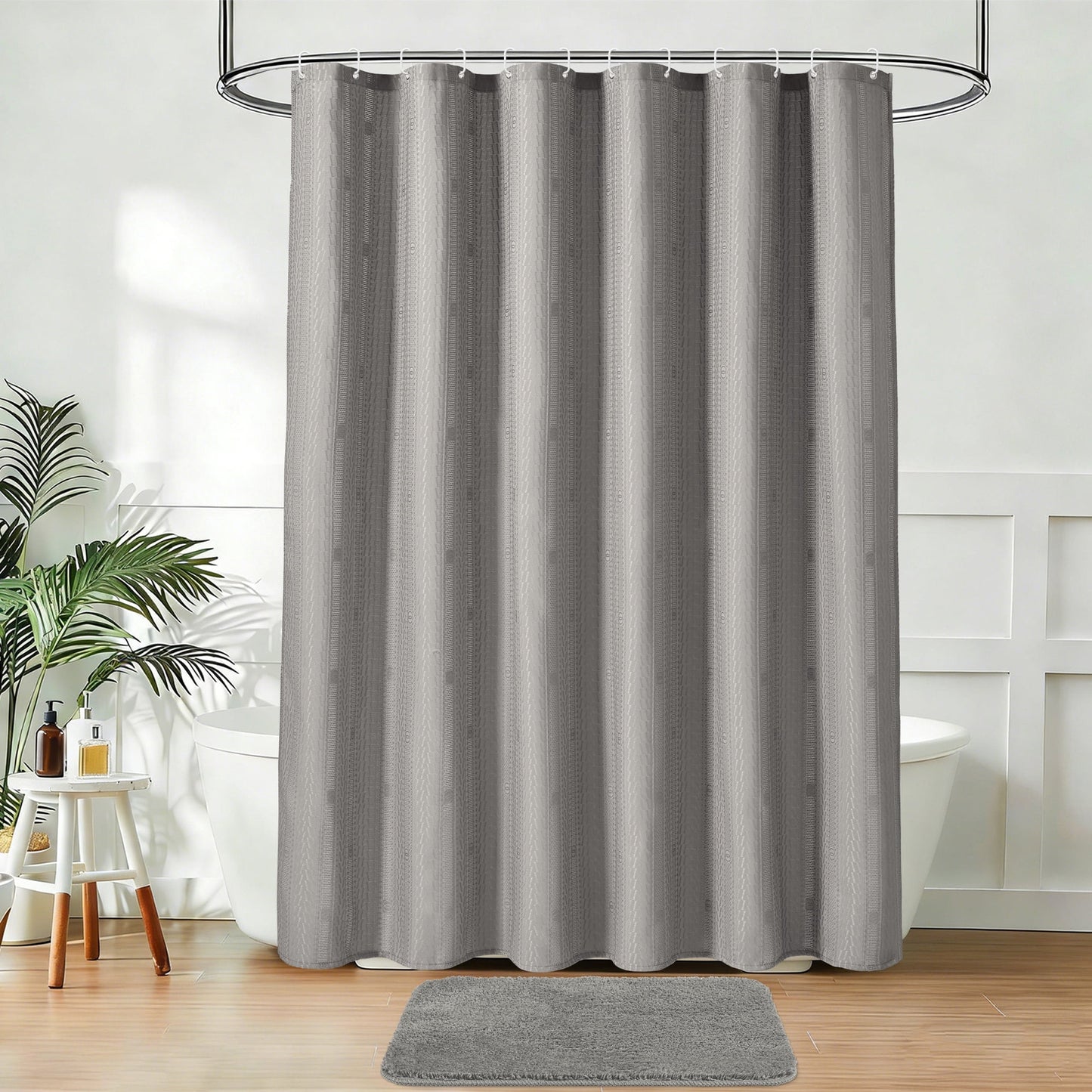 FRAMICS Waffle Shower Curtain Sets with Rug and Hooks, 14-Piece Thick Weighted Fabric Bathroom Sets, Wrinkle and Mildew-Resistant, Gray